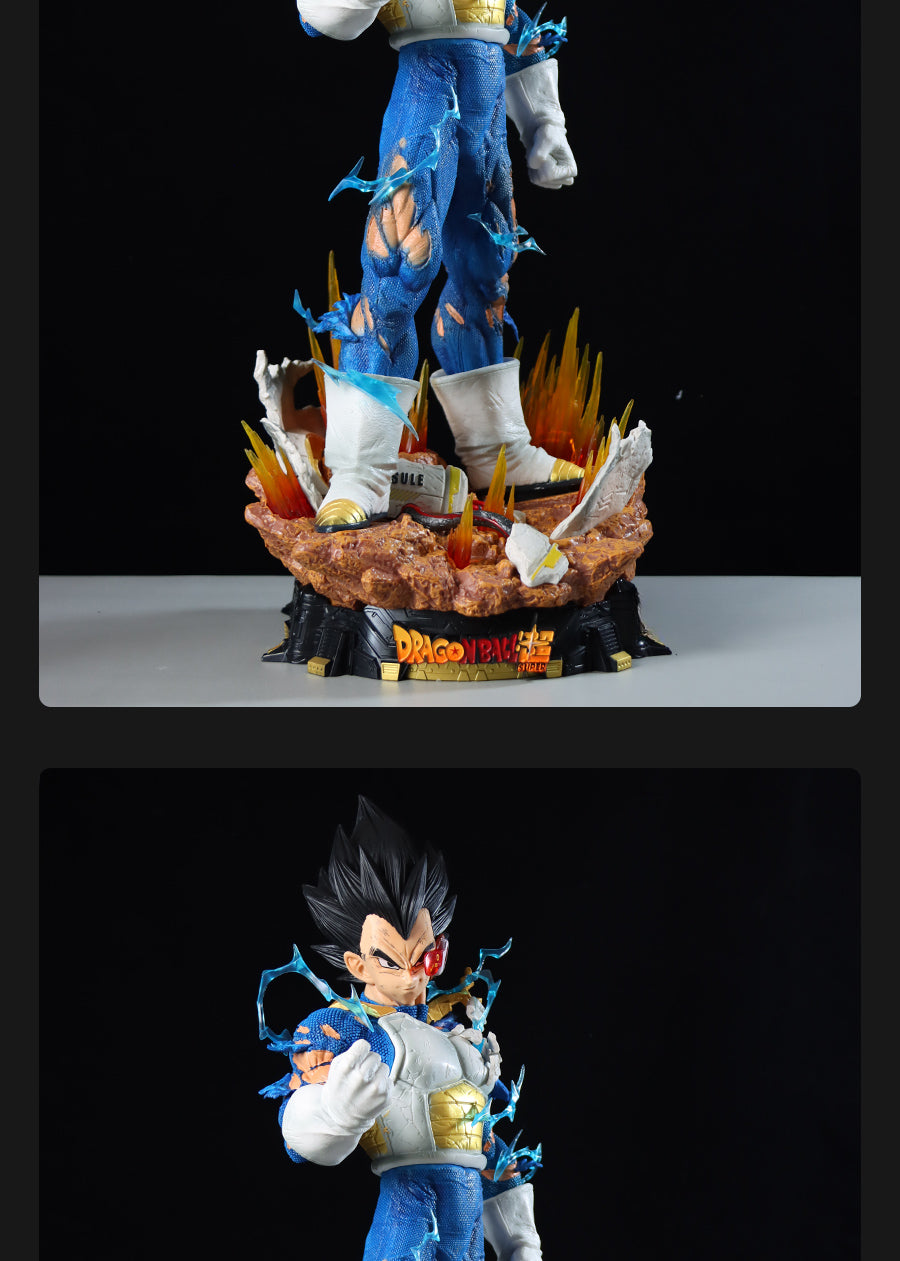 The Seakoff Vegeta Collectible Figure from Dragon Ball Z, standing at 55cm, features the spiky-haired Super Saiyan in a dynamic pose with energy-like effects and rocks. With its blue battle-damaged suit, it includes interchangeable heads for Super Saiyan, Super Saiyan Blue, and Normal forms.