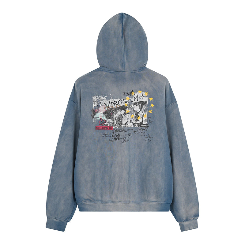 Back view of blue vintage wash hoodie with large rock collage graphic and hood
