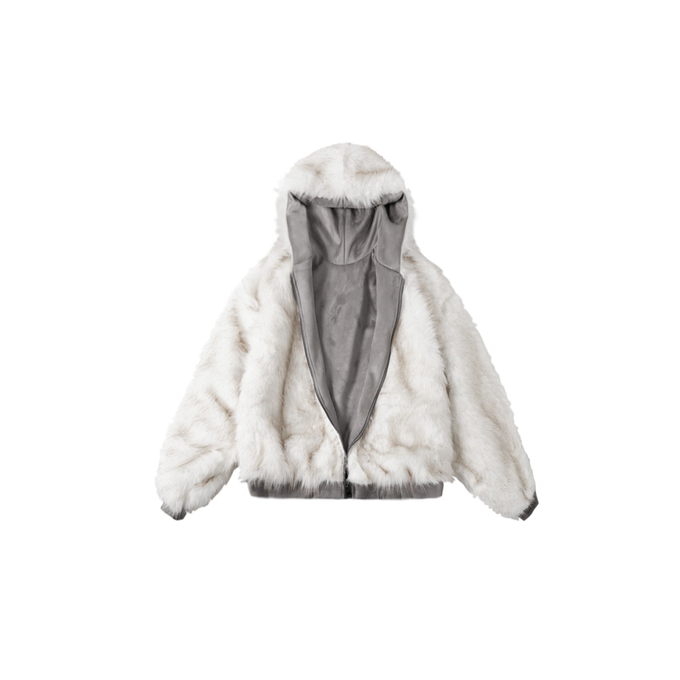 Ivory white reversible faux fur hooded jacket shown open, displaying plush exterior and smooth grey interior lining