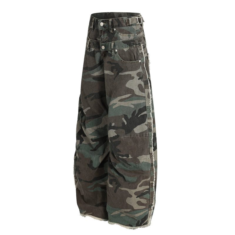 Angled front view of camo cargo jeans showing the double waist and side seam