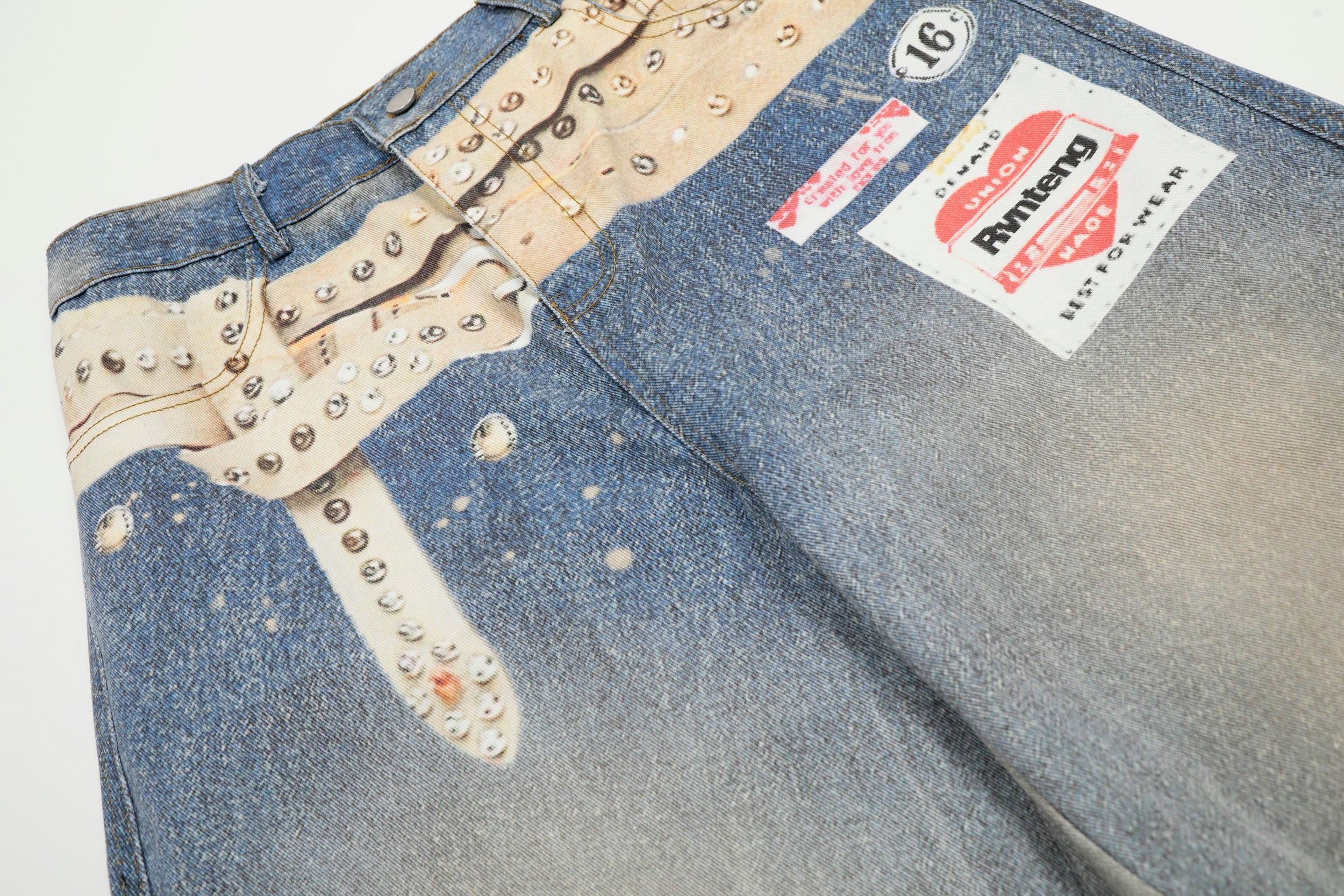 Omirad Studded Belt Print Wide-Leg Denim Jeans | Streetwear