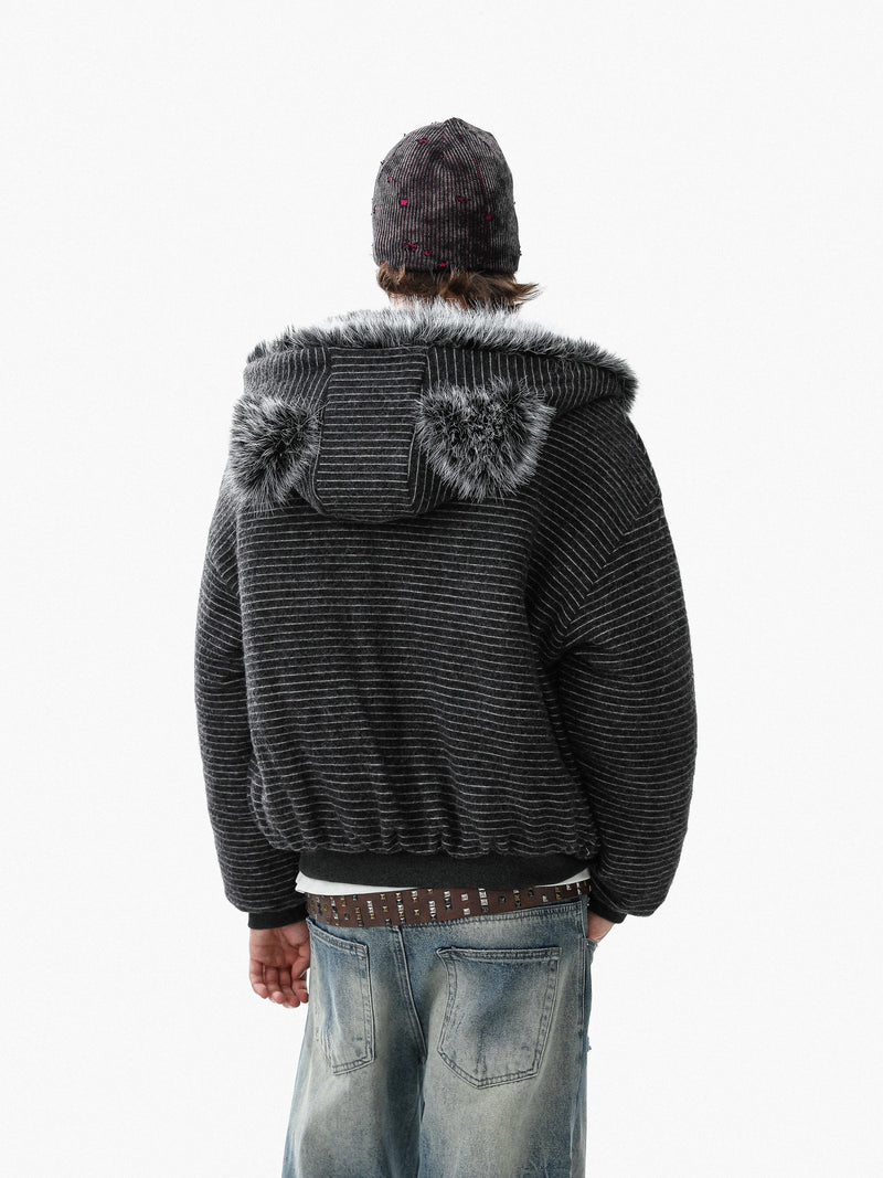 Faux-Fur Lined Striped Zip-Up Hoodie Jacket | SEAKOFF