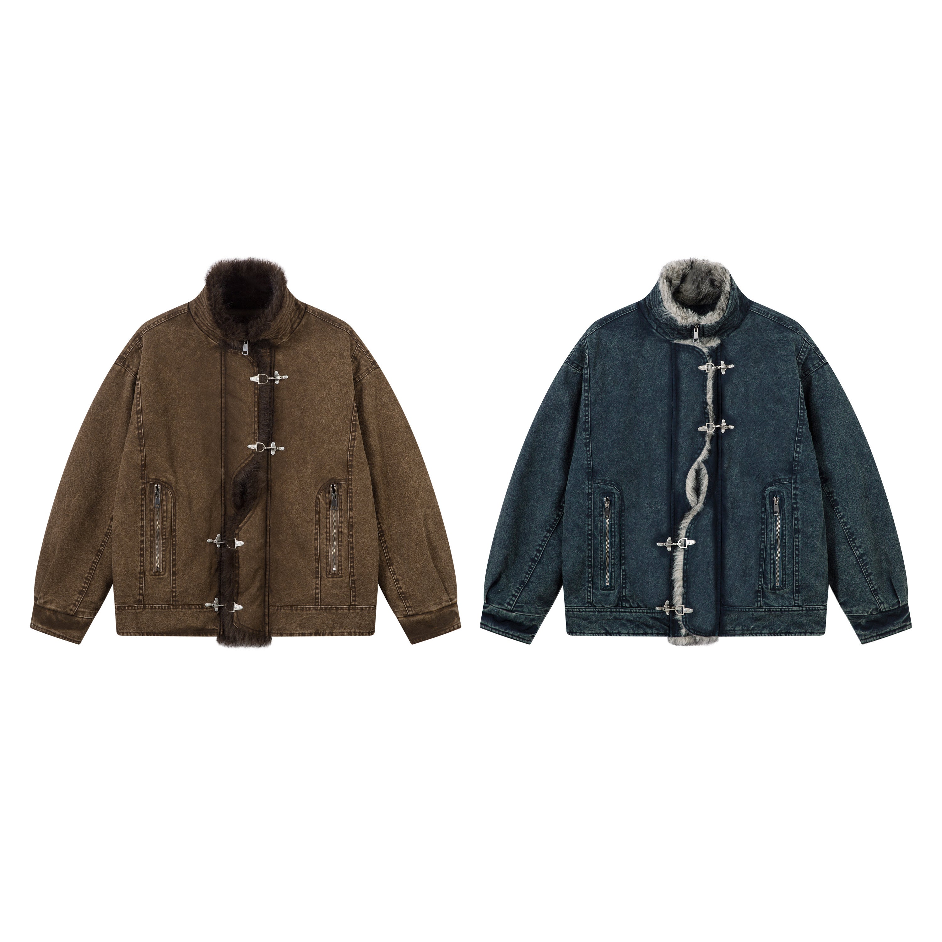 Brown vintage-washed fur-lined toggle jacket with silver metal closures, plush fur collar, and zip hand pockets on white back