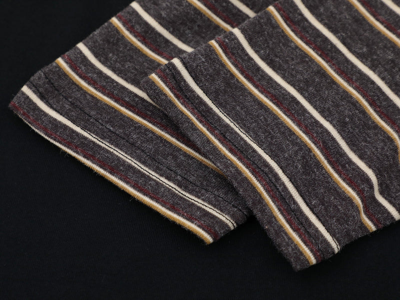 Close-up of striped sleeve cuff with gray, white, yellow, and red lines
