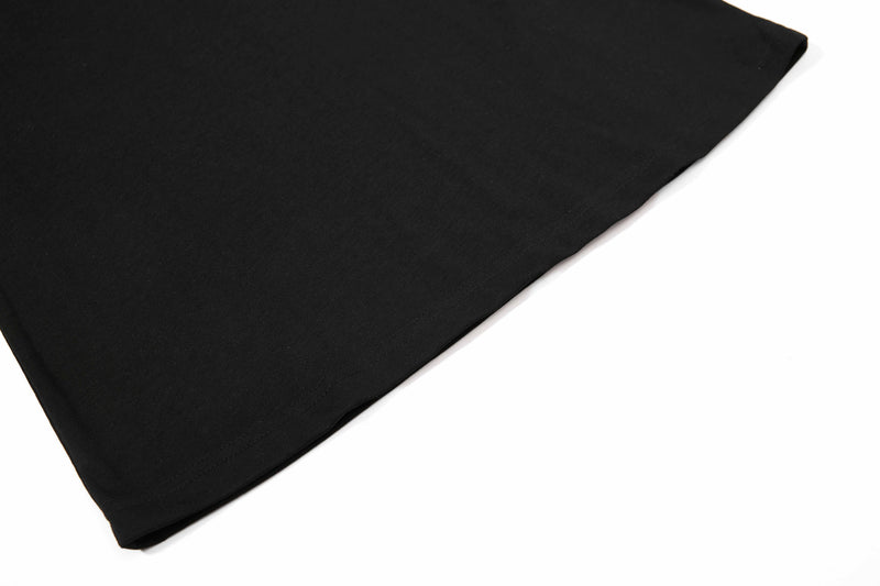 Black cotton polo tee sleeve on a clean white background, showing a smooth streetwear fabric finish