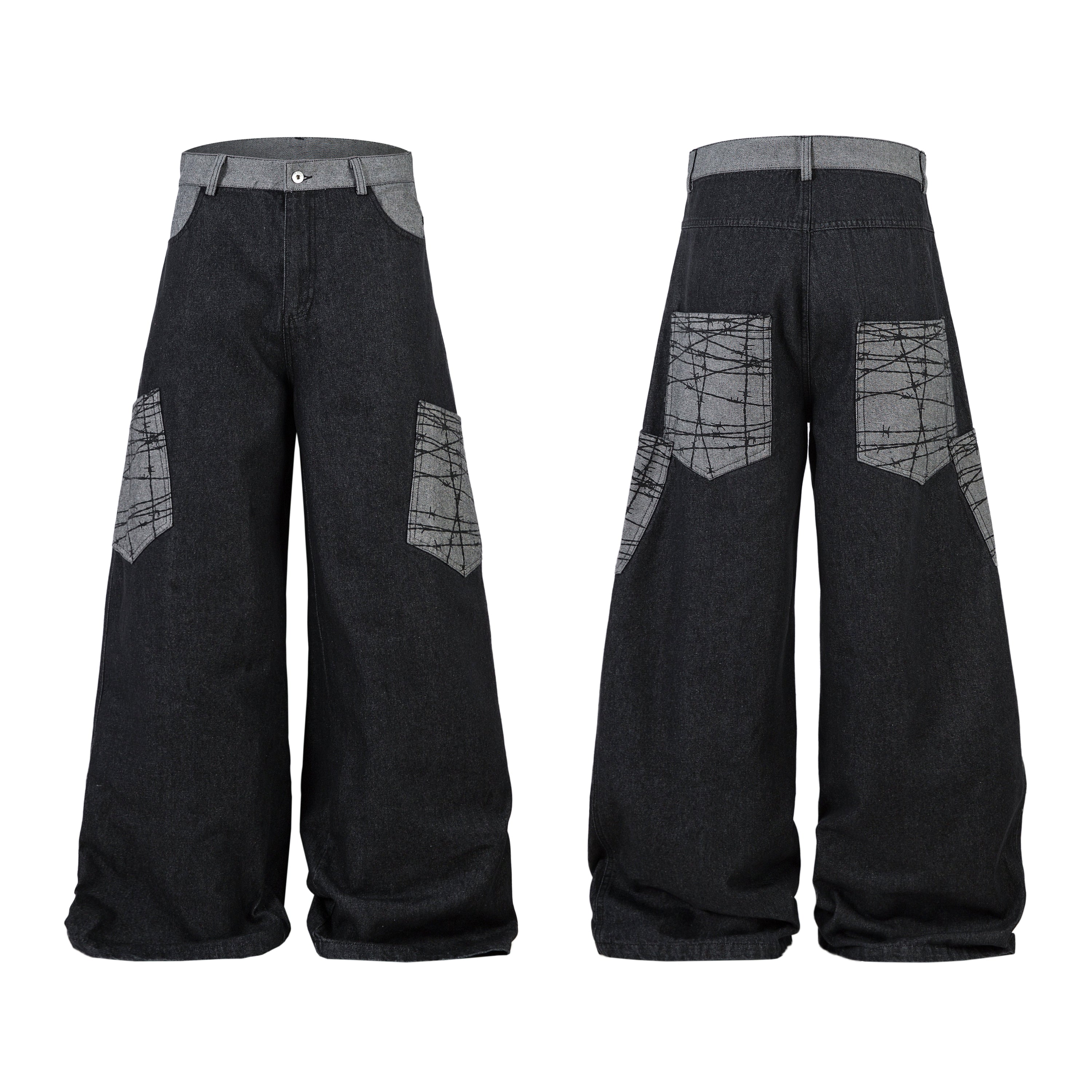 Black wide-leg denim jeans with grey contrast graphic pockets and contrast waistband, front and back view