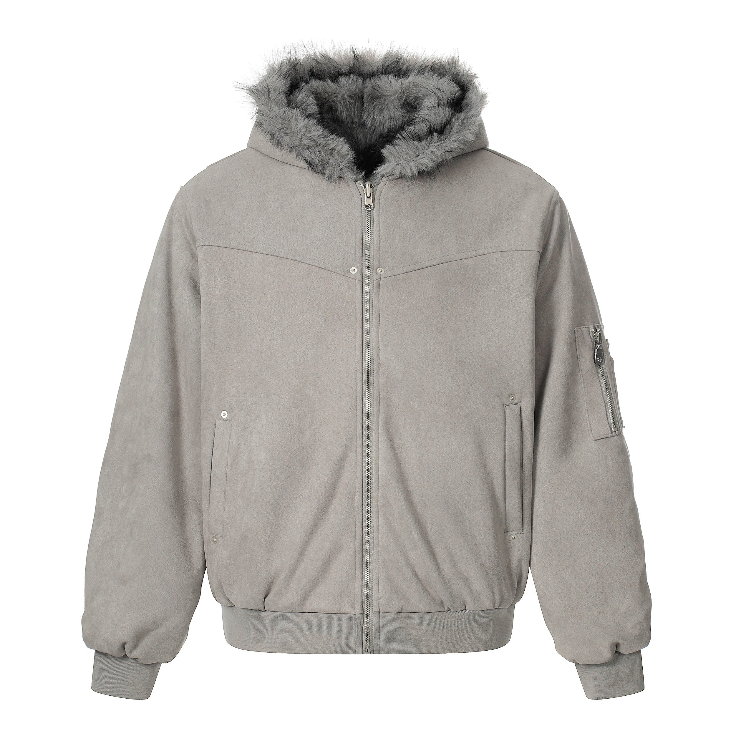 Reversible Faux Fur & Suede Hooded Bomber Jacket
