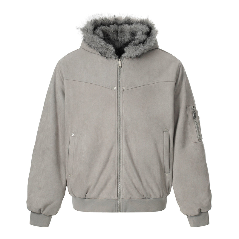 Reversible Faux Fur & Suede Hooded Bomber Jacket