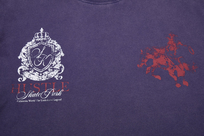 Purple washed streetwear tee with vintage crest graphic, HUSTLE text, and red distressed horse print on the chest