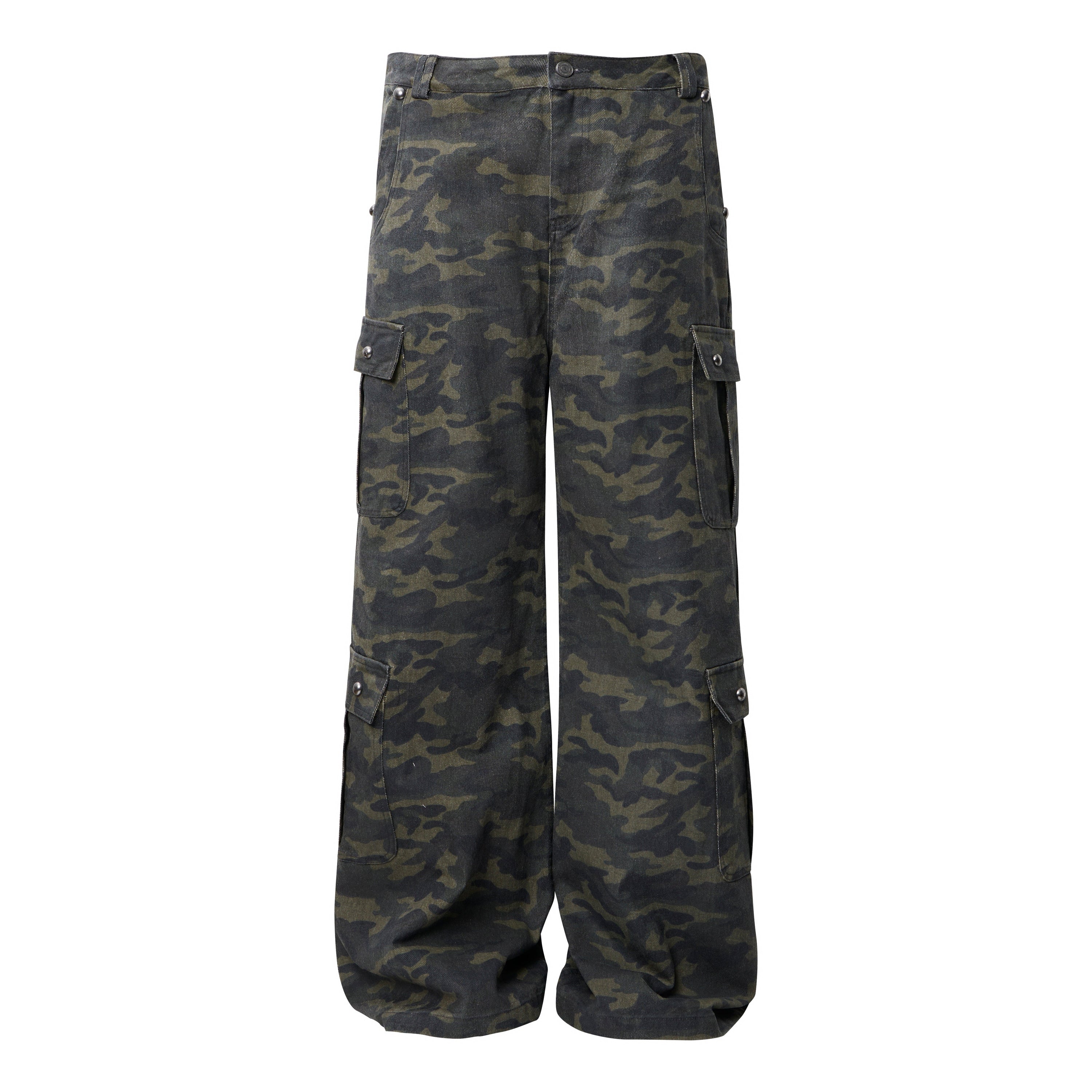 Omirad Camo Wide-Leg Cargo Pants with Studded Belt Detail