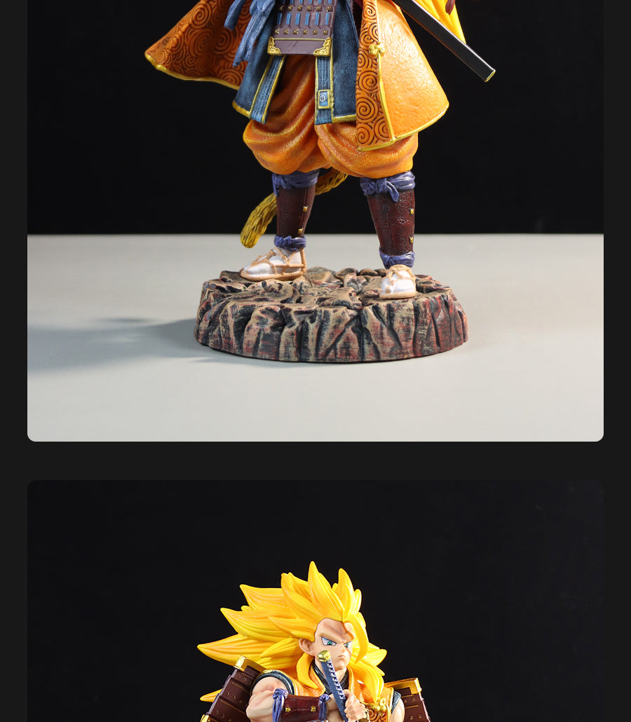 Image of anime figures: the top, a 30cm Seakoff Goku in samurai attire with orange-blue intricate details; the bottom, a dynamic Dragon Ball Z spiky-haired figure on rocky base. A must-have for any anime collector.