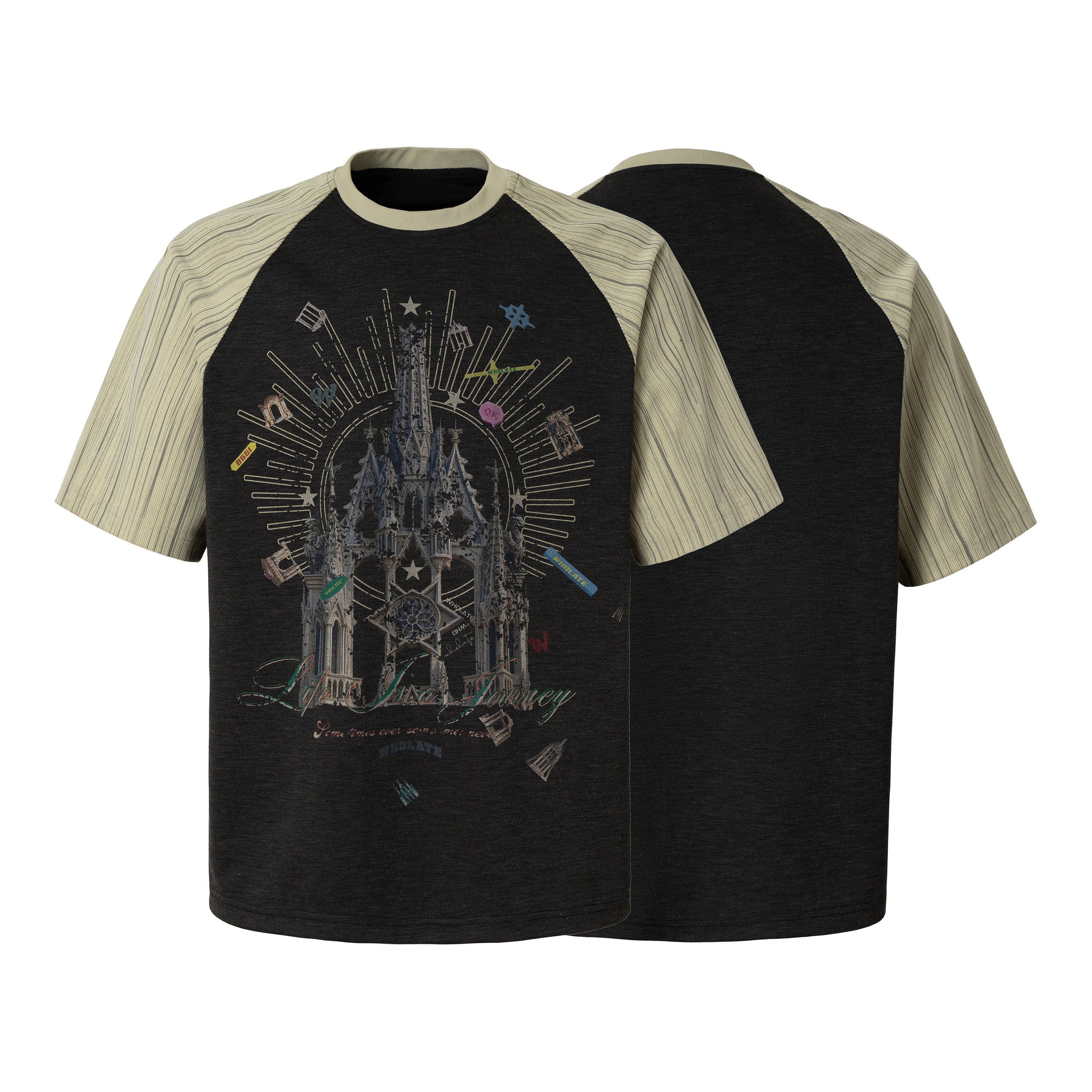 Front and back view of a dark charcoal raglan t-shirt with sage green pinstripe sleeves and a gothic cathedral graphic print