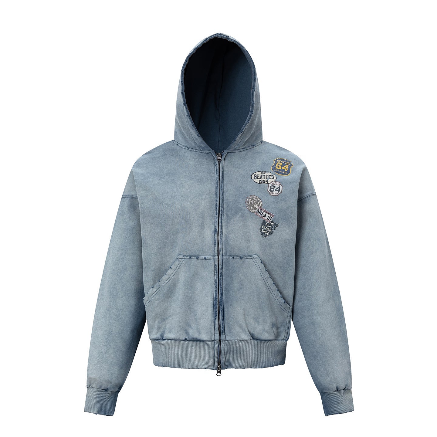 Omirad washed blue zip-up hoodie with layered retro badge patches on the chest, front view