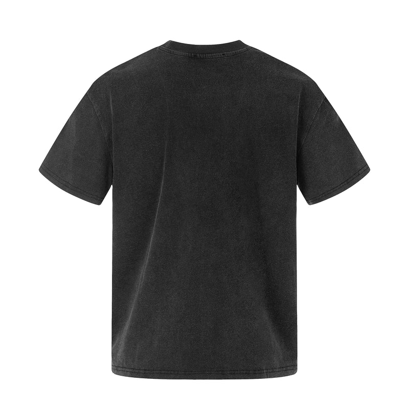 Black vintage-style graphic tee with a faded dark wash and oversized streetwear fit shown from the back