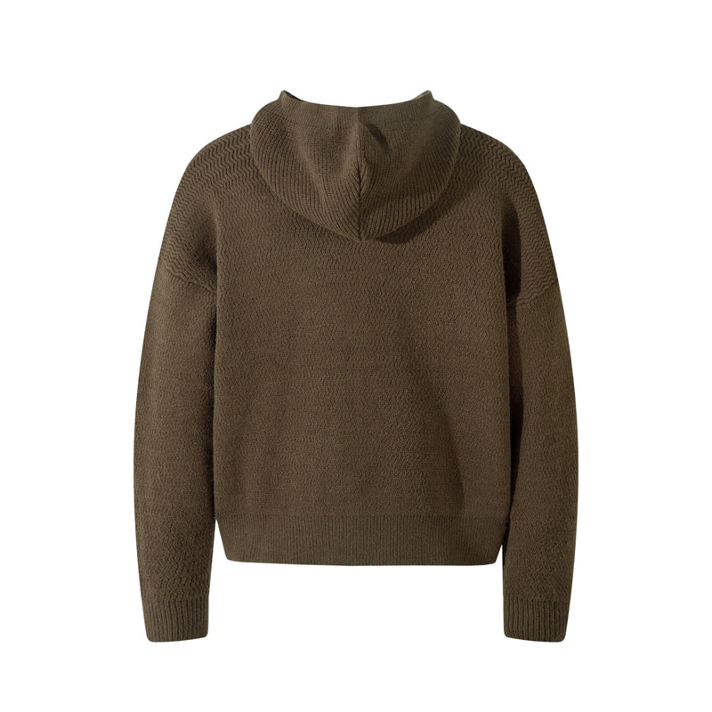 Brown textured knit zip-up hoodie shown back view with ribbed hem and cuffs