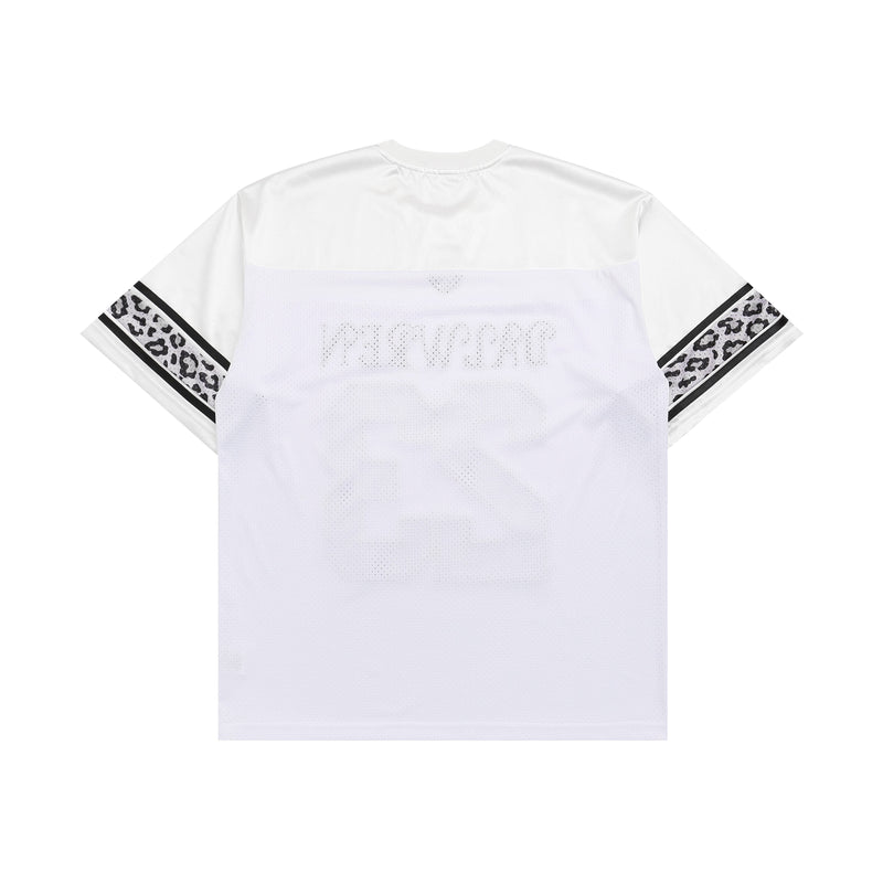 White varsity football jersey T-shirt with leopard print sleeve stripes and oversized streetwear fit