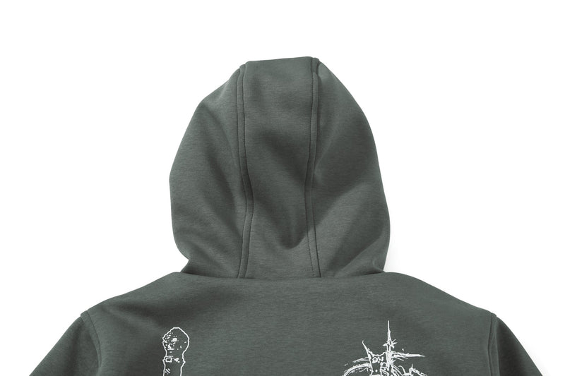 Back of dark green hoodie with hood up and partial white graphic print
