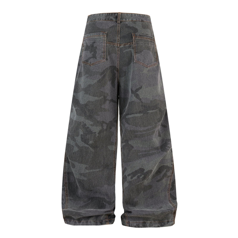 Back view of dark gray camo wide leg jeans with two patch pockets and stitched seams