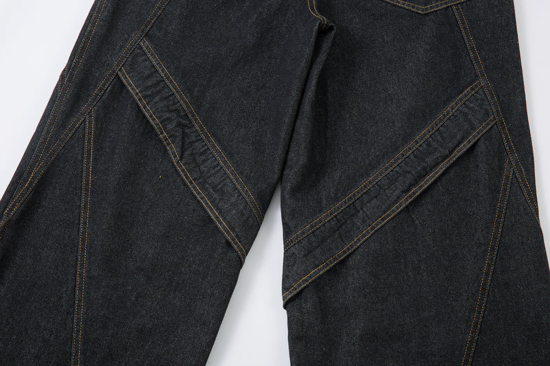 Multi-Panel Wide-Leg Denim Pants with Contrast Stitching