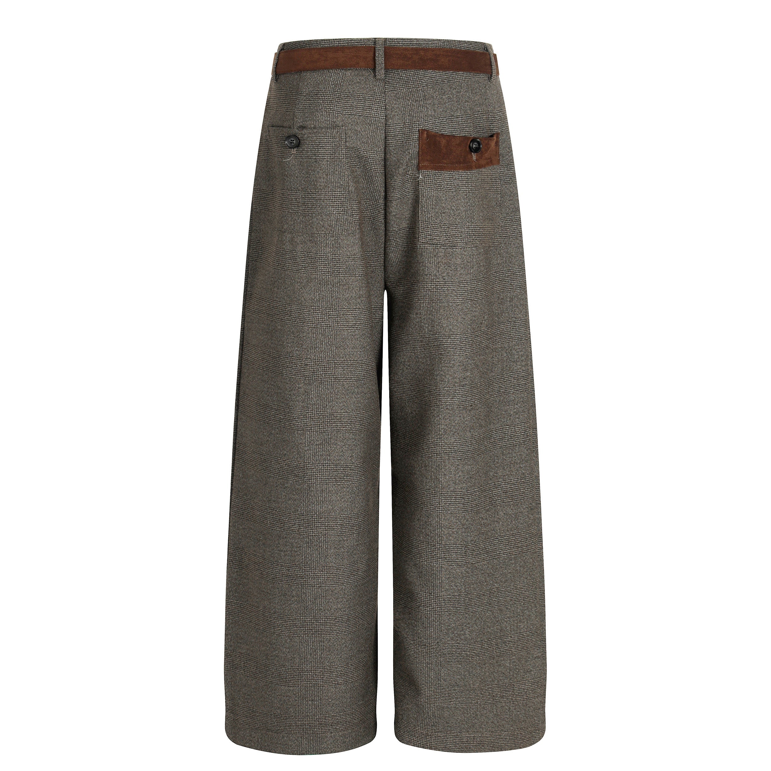 Wide-Leg Plaid Suit Trousers with Suede Trim & Belt