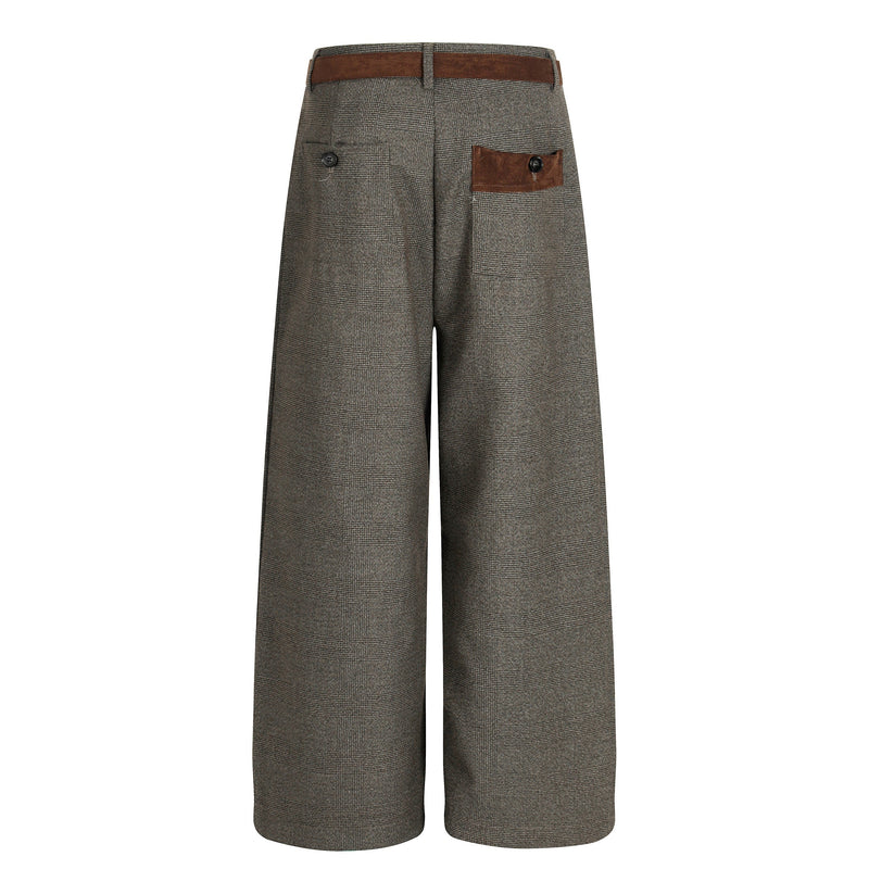 Wide-Leg Plaid Suit Trousers with Suede Trim & Belt