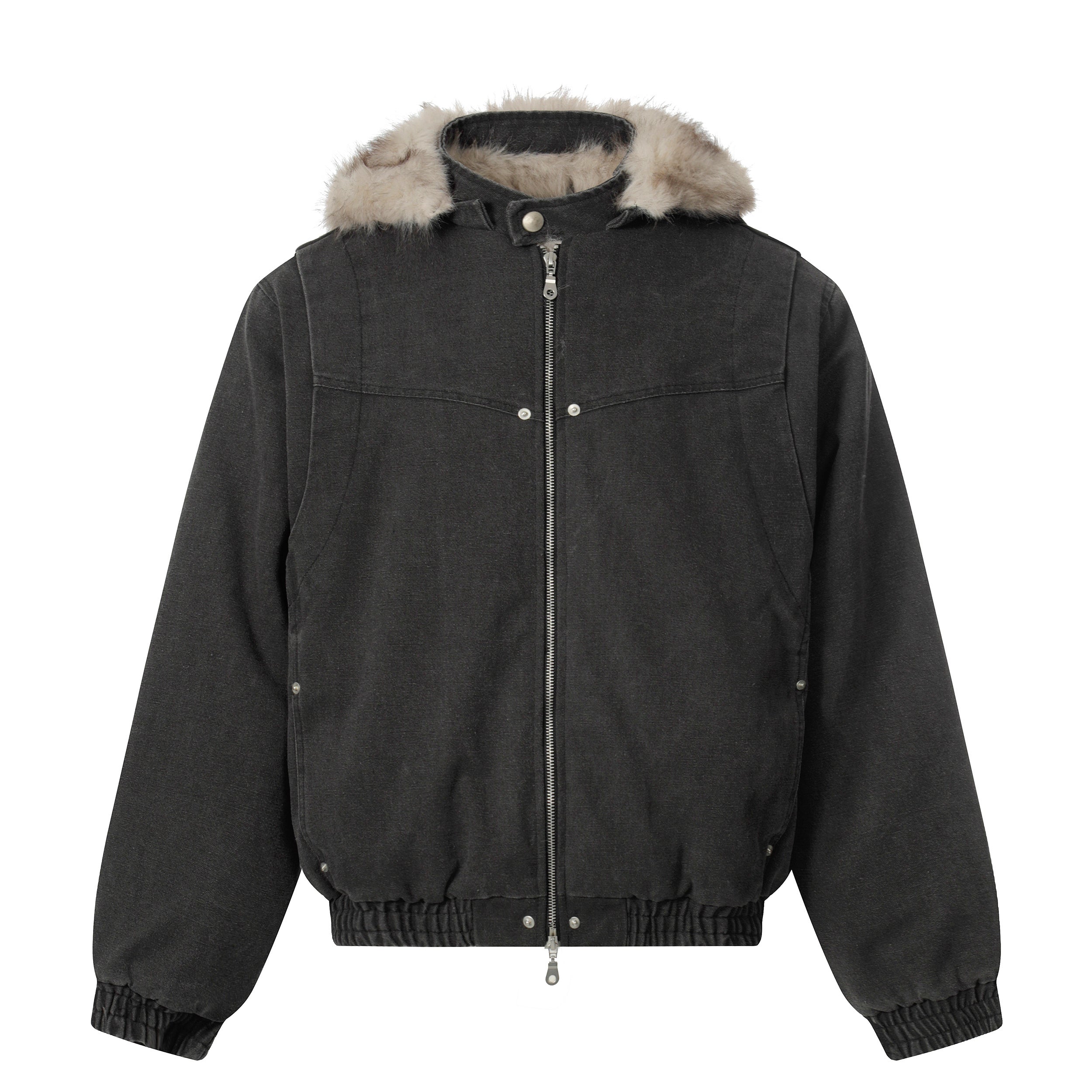 Detachable Fur Collar Washed Workwear Bomber Jacket