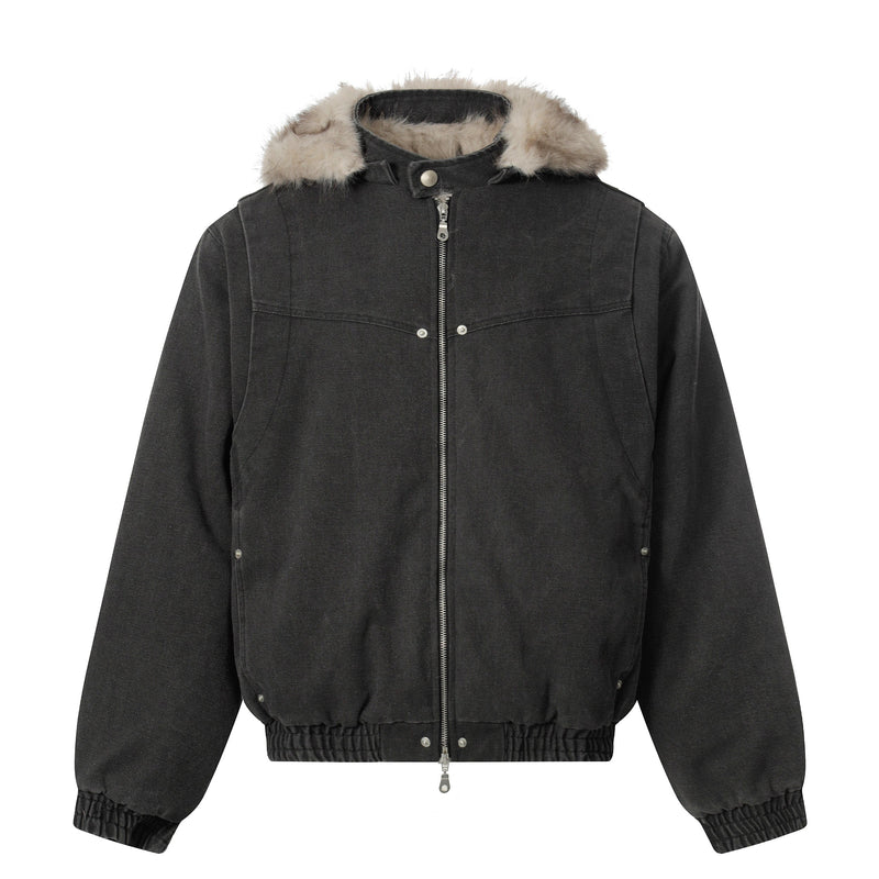 Detachable Fur Collar Washed Workwear Bomber Jacket