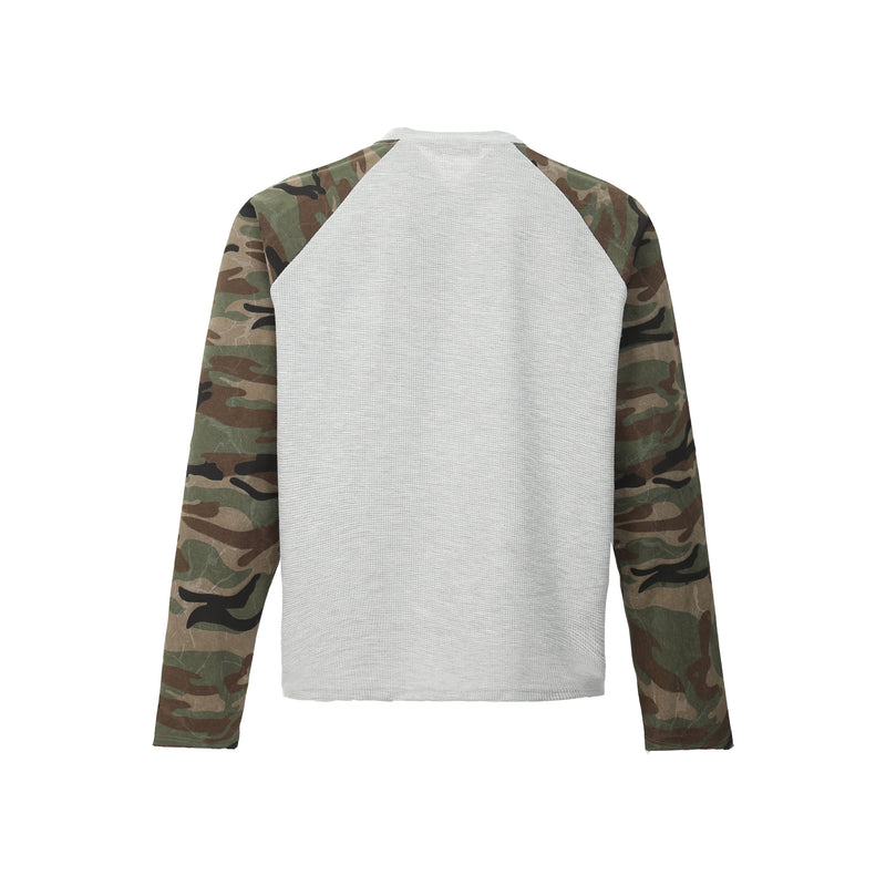 Back view of gray thermal raglan tee with camouflage sleeves and plain textured back