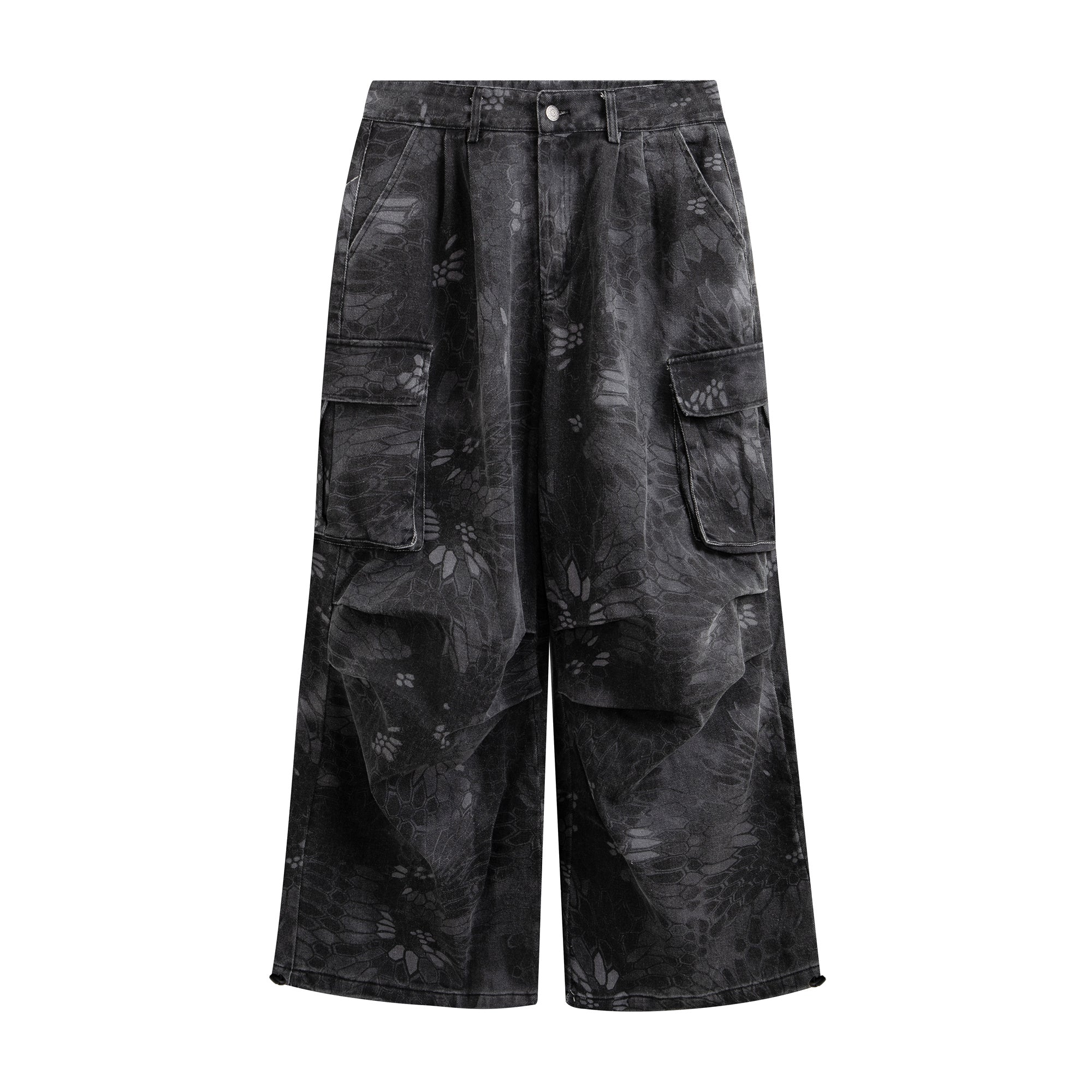Front view of wide-leg snakeskin camo cargo pants in dark charcoal with large flap pockets and pleated waist