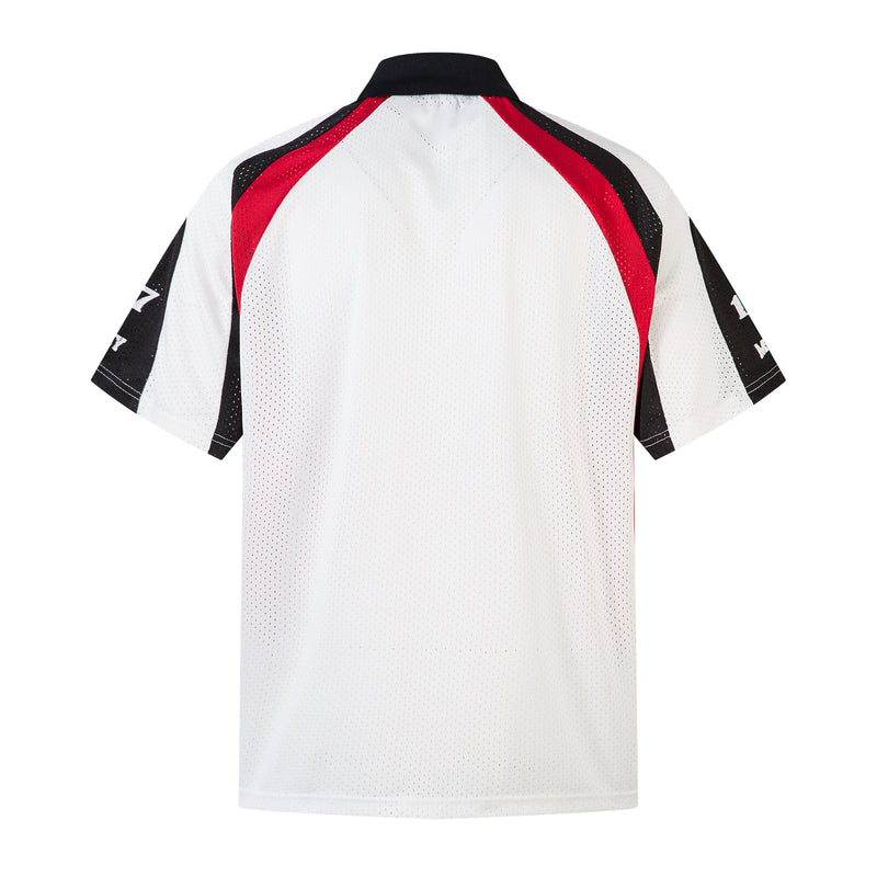 White mesh polo shirt with black collar and red-black colorblock shoulder panels, shown from the back