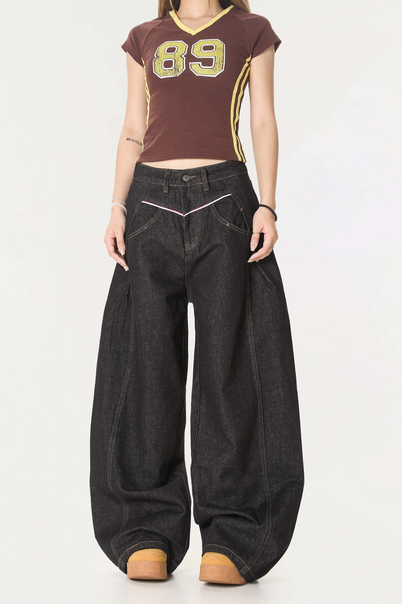 Omirad Contrast Piping Wide-Leg Jeans | Retro Street Denim