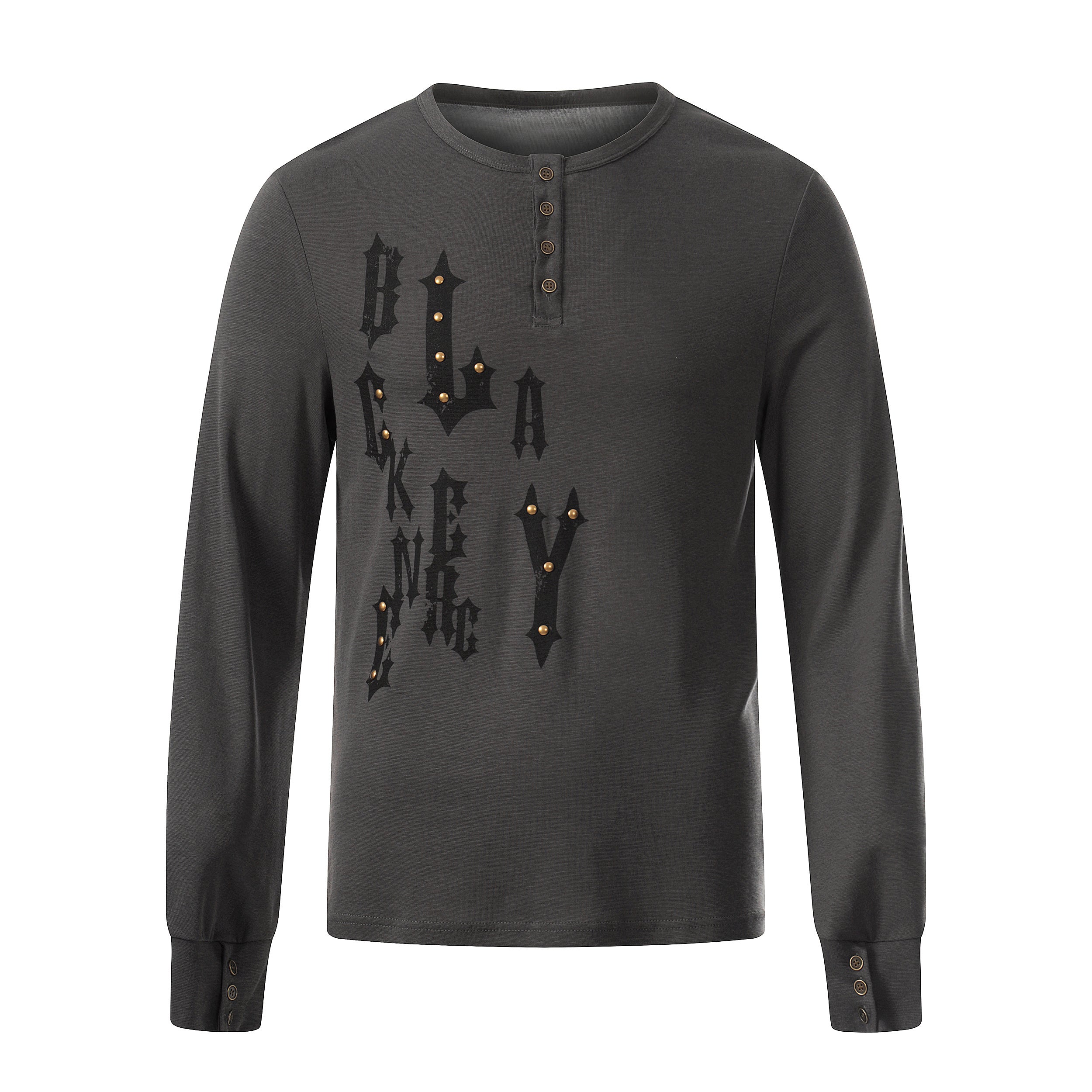 Gothic Graphic Long Sleeve Henley Tee with Stud Accents