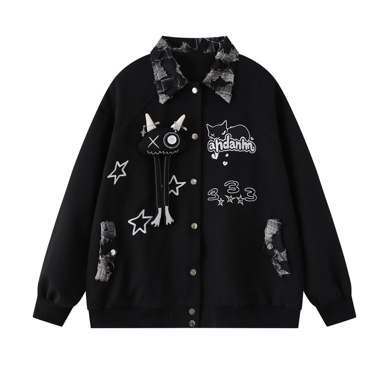 Patchwork Cat Varsity Jacket | Graphic Star Embroidery