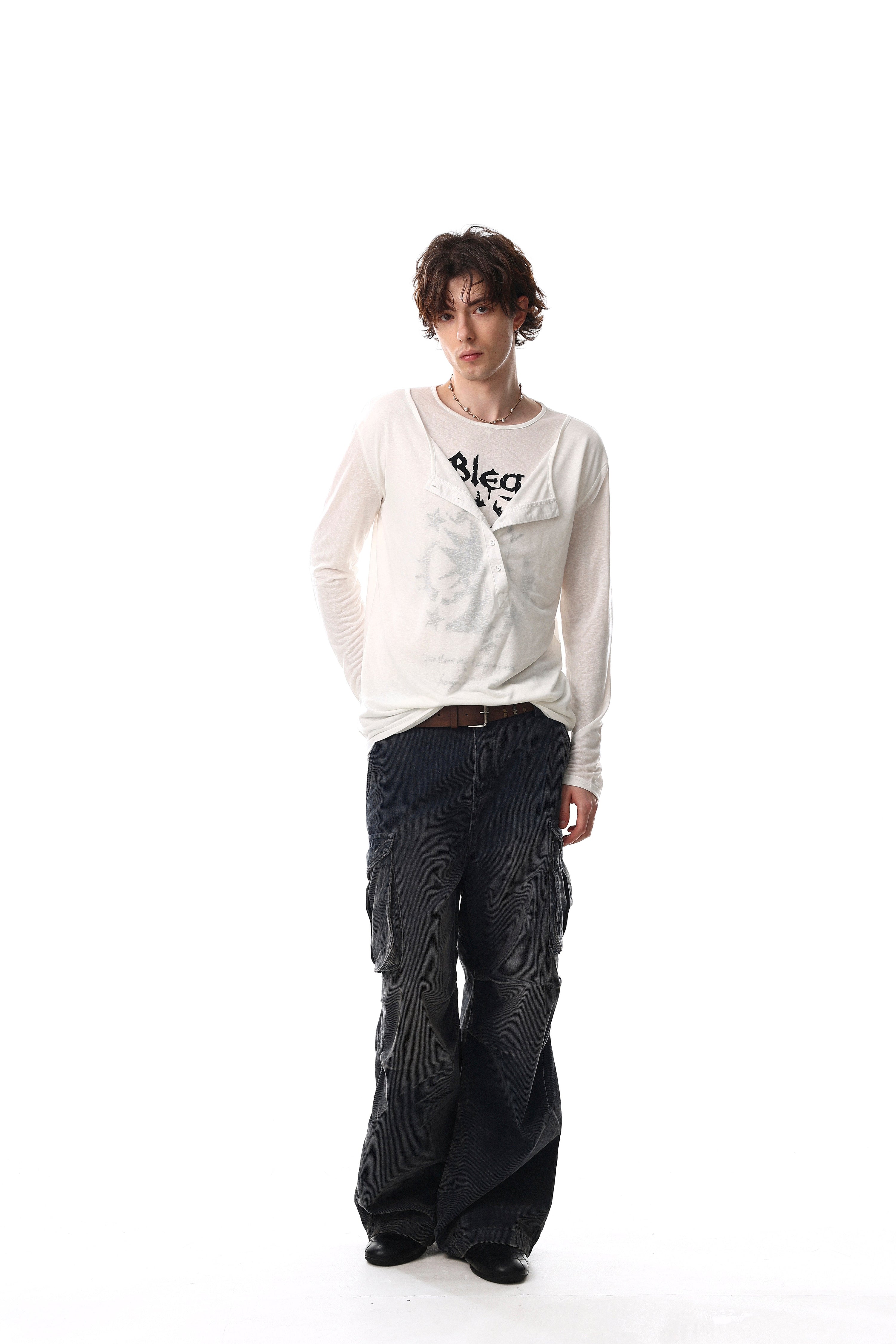 Graphic Long Sleeve Henley Tee | Faded Print Cotton Shirt