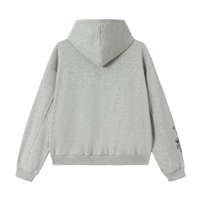 Plain back view of a grey zip hoodie with a large hood and ribbed hem