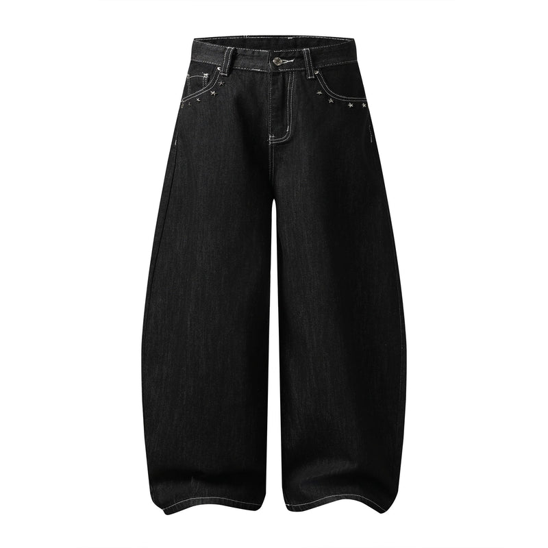 Front view of black wide-leg denim jeans with star studs and white contrast stitching