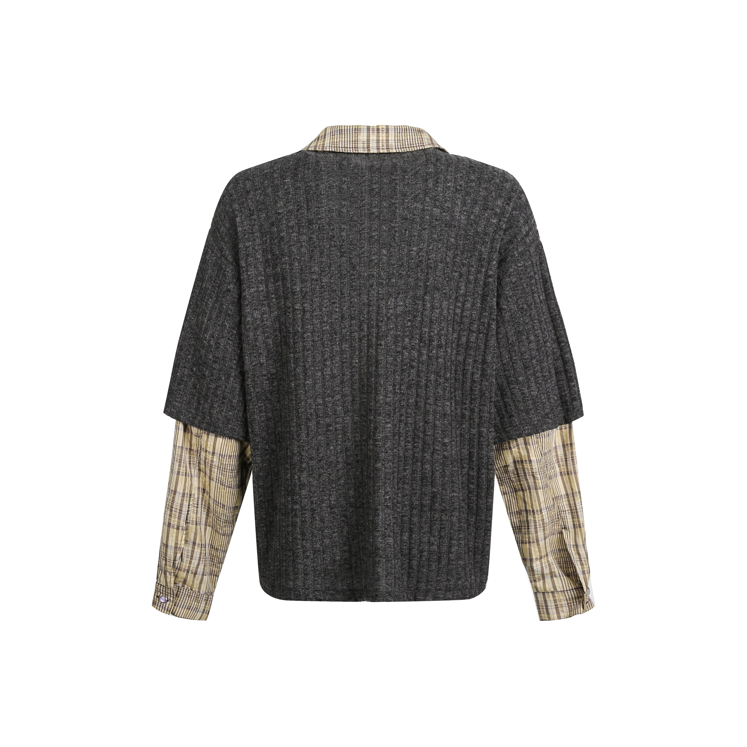 Plaid Layered Bear Graphic Ribbed Knit Sweater | Streetwear