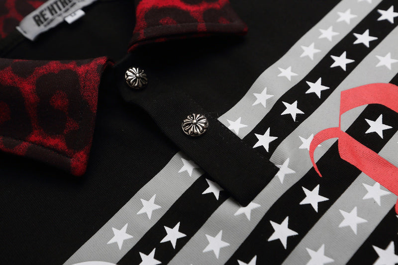 Black graphic polo shirt with red leopard-print collar, star stripes, and silver buttons in Y2K streetwear style