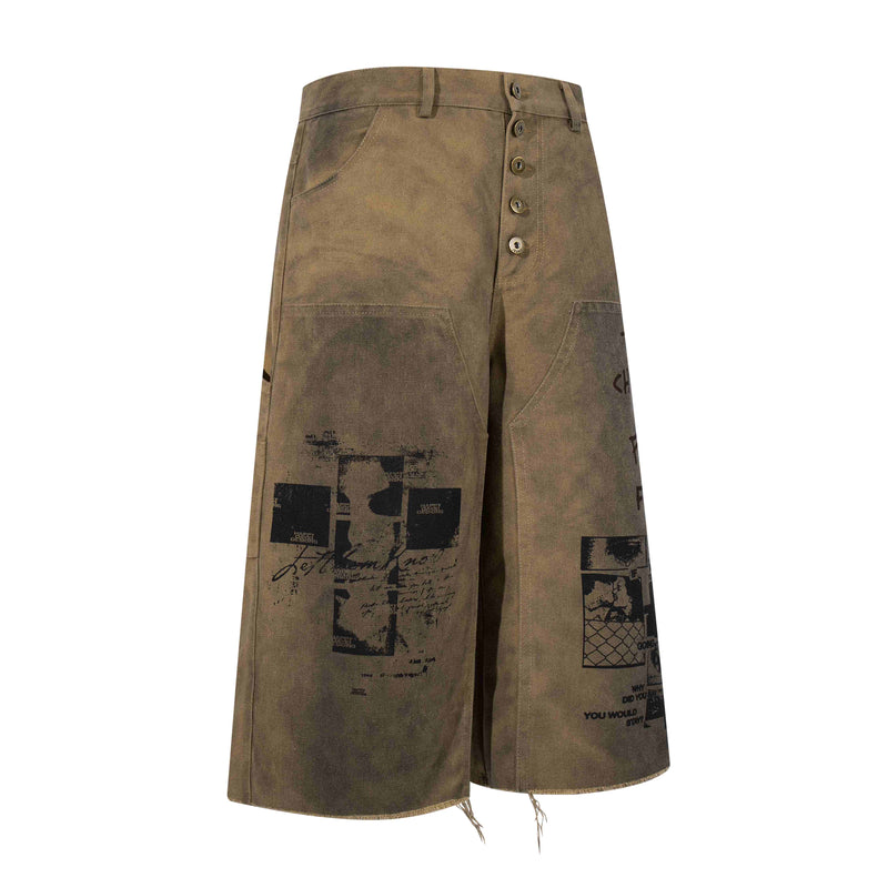 Angled front view of olive brown cargo shorts with graphic print and wide-leg fit