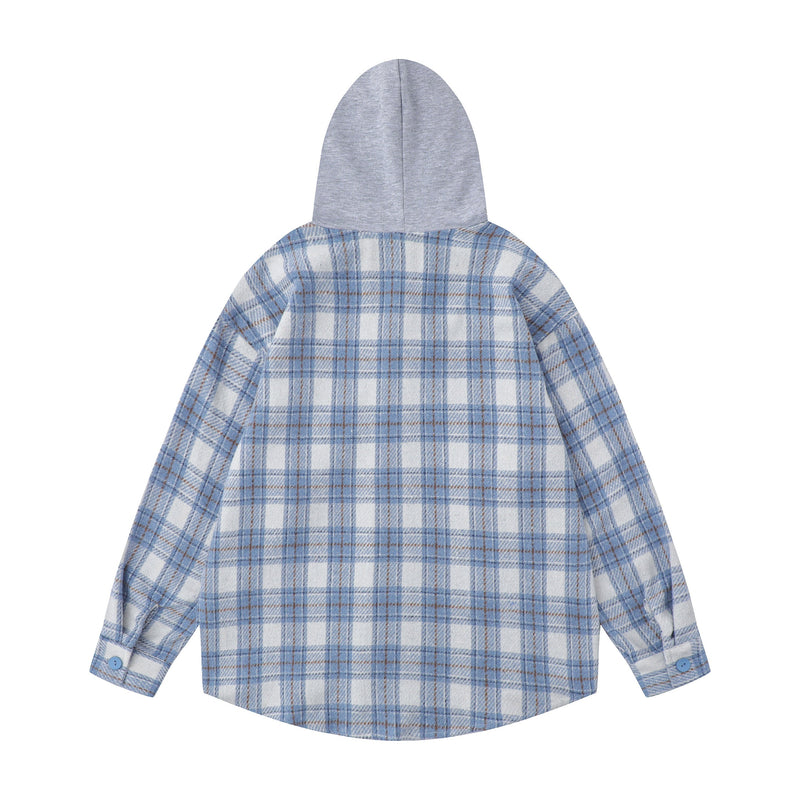 Back view of light blue plaid hooded flannel overshirt with gray contrast hood