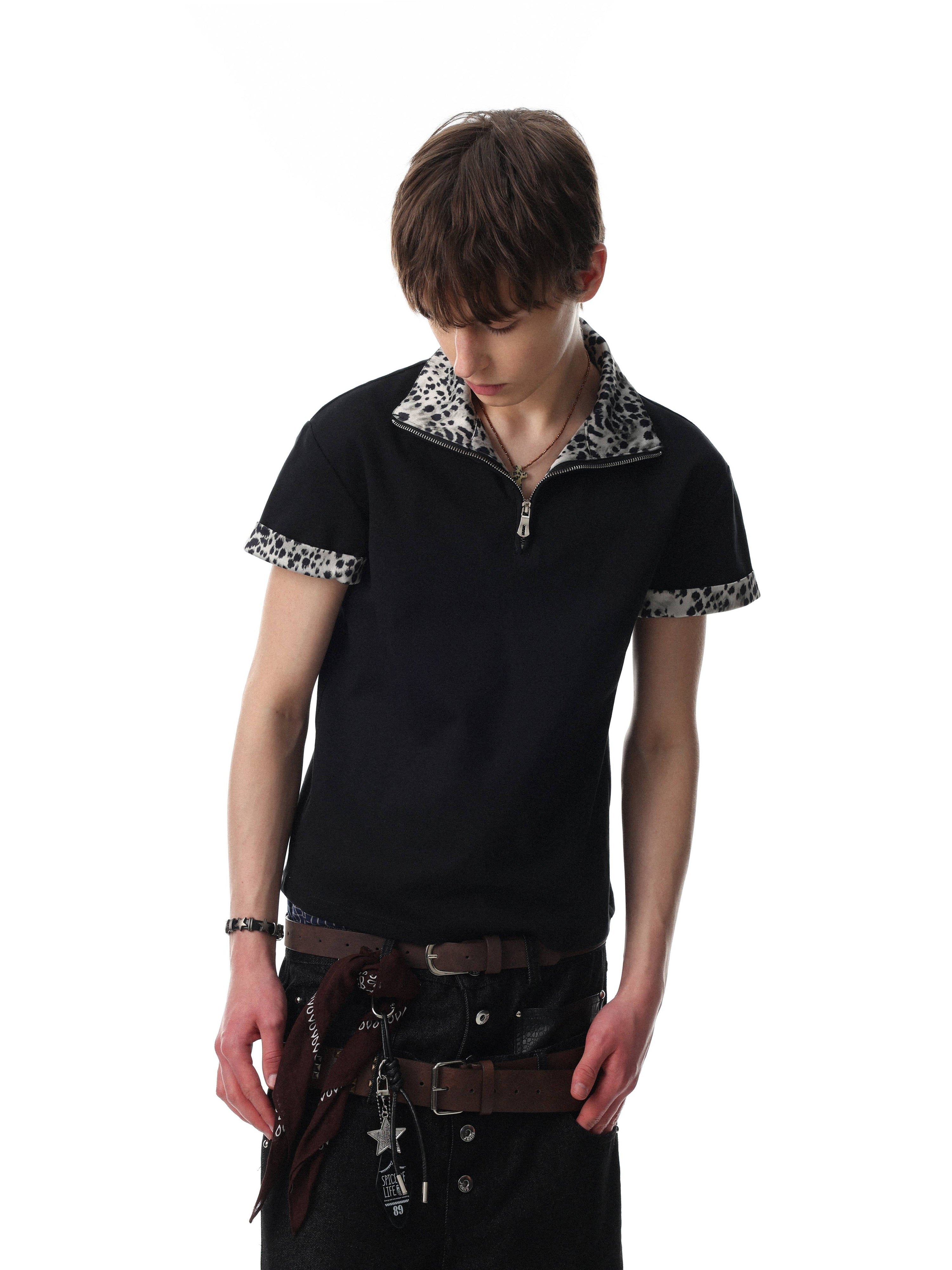 Leopard Trim Quarter-Zip Polo Shirt | Streetwear Cotton Tee