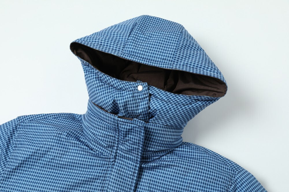 Reversible Hooded Puffer Jacket | Brown & Blue Check
