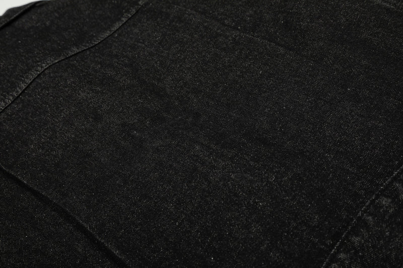 Metal Buckle Pleated Black Denim Jacket | Cropped Boxy Fit
