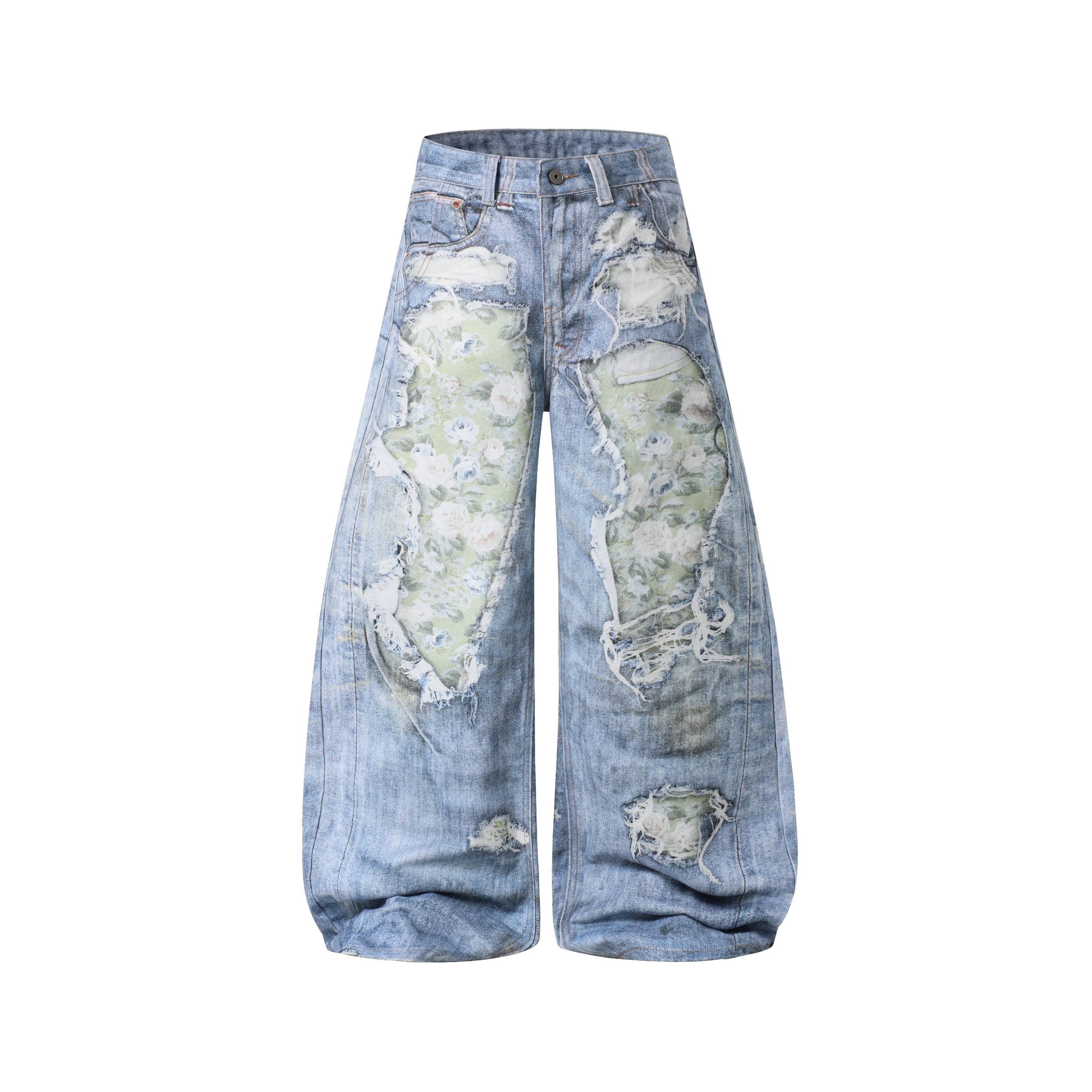 Floral Patchwork Distressed Wide-Leg Jeans | Omirad