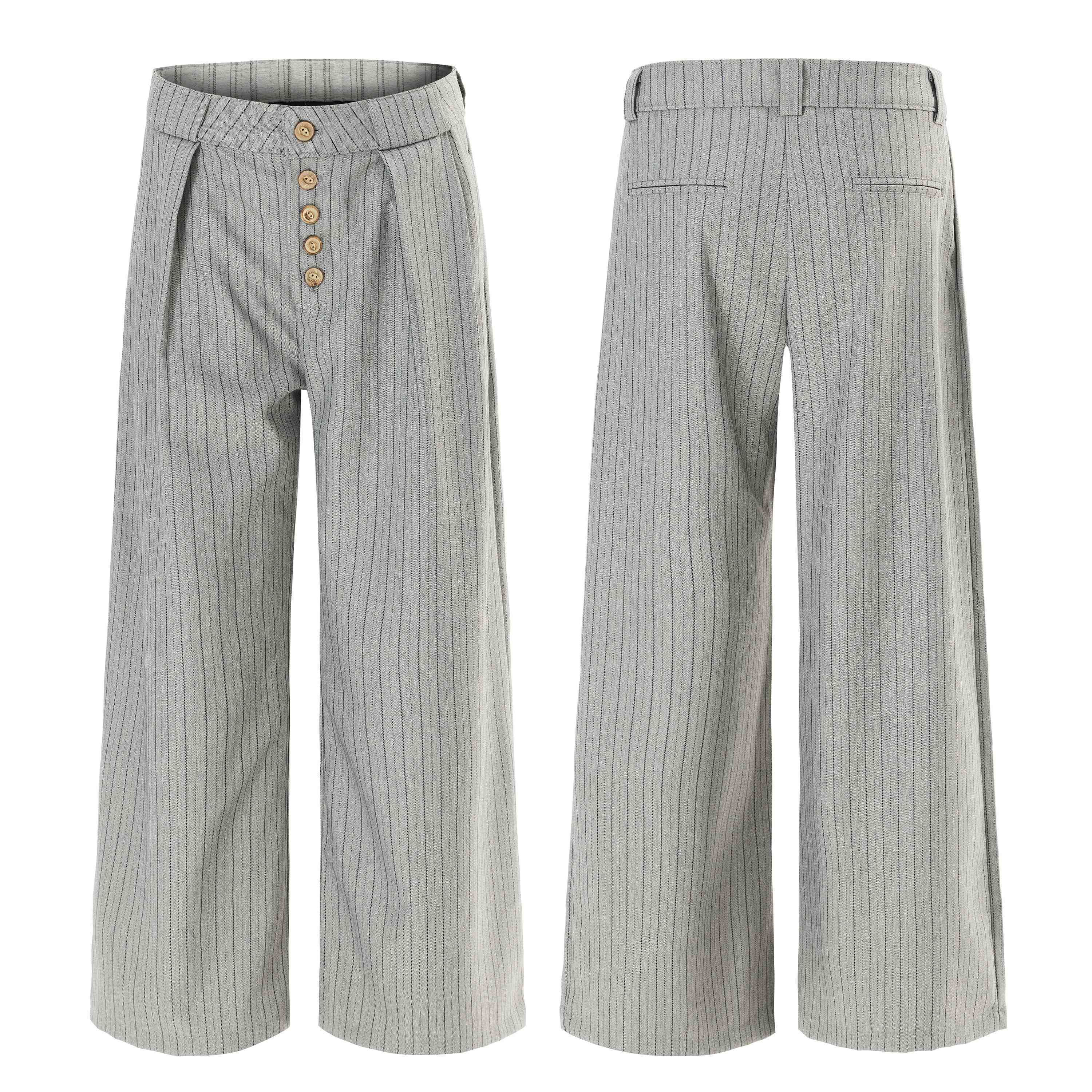 Grey pinstripe wide-leg trousers with exposed button fly and asymmetrical layered waistband, front and back view