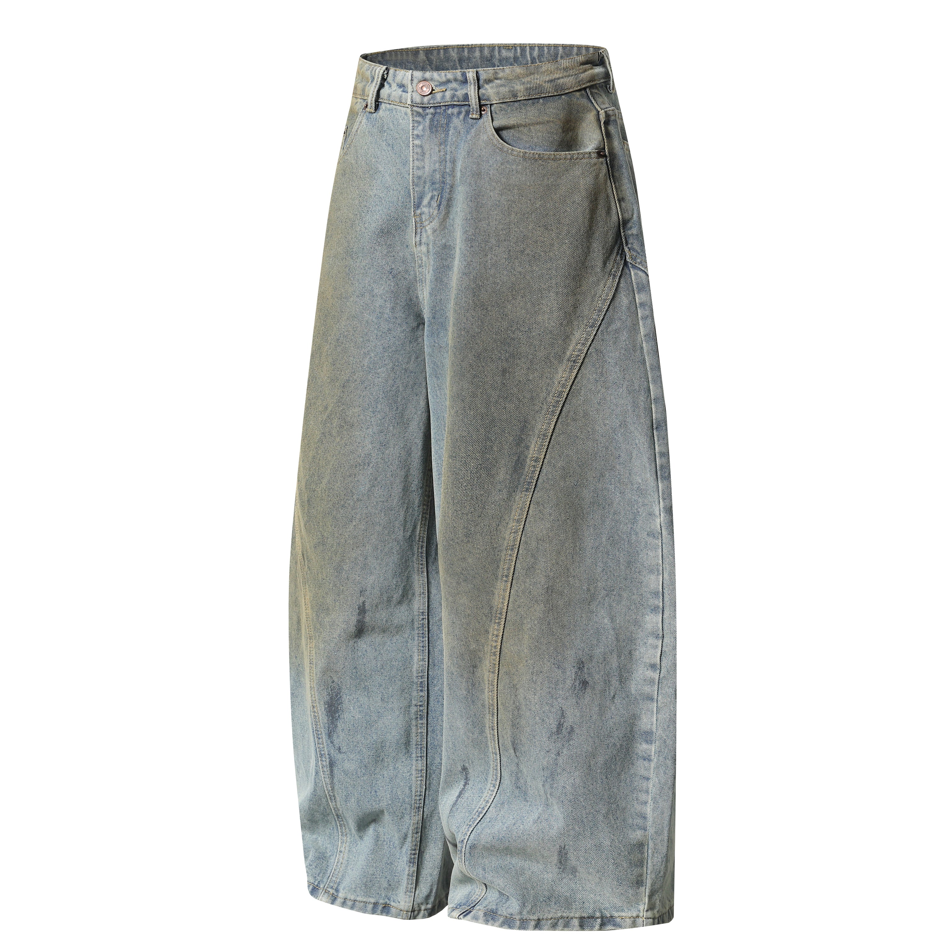 Faded Curved-Panel Wide-Leg Denim Pants | Streetwear Jeans