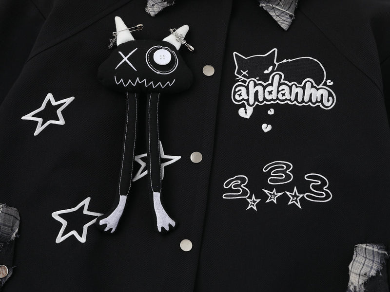 Patchwork Cat Varsity Jacket | Graphic Star Embroidery