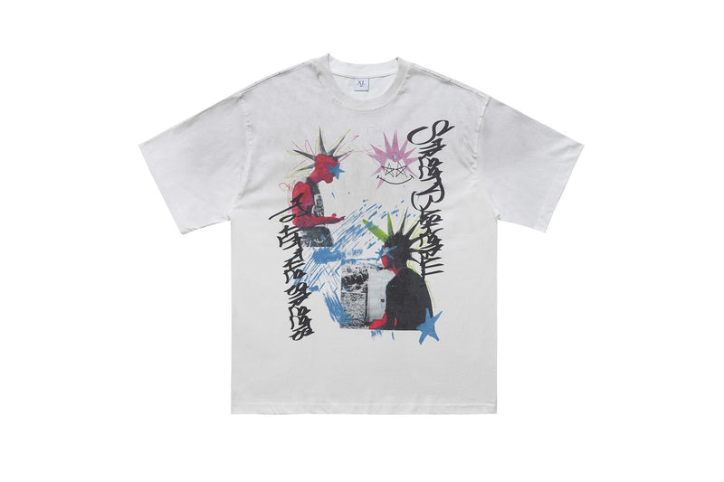White graphic T-shirt with punk-style graffiti art, Japanese lettering, and colorful anarchy-inspired figures on the front