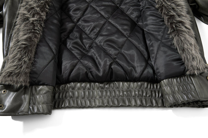 Omirad Faux Leather Bomber Jacket with Faux Fur Collar