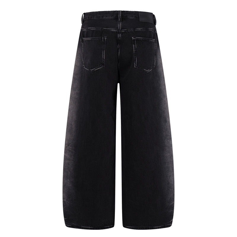 Back view of dark wash wide-leg jeans with patch pockets and black logo patch